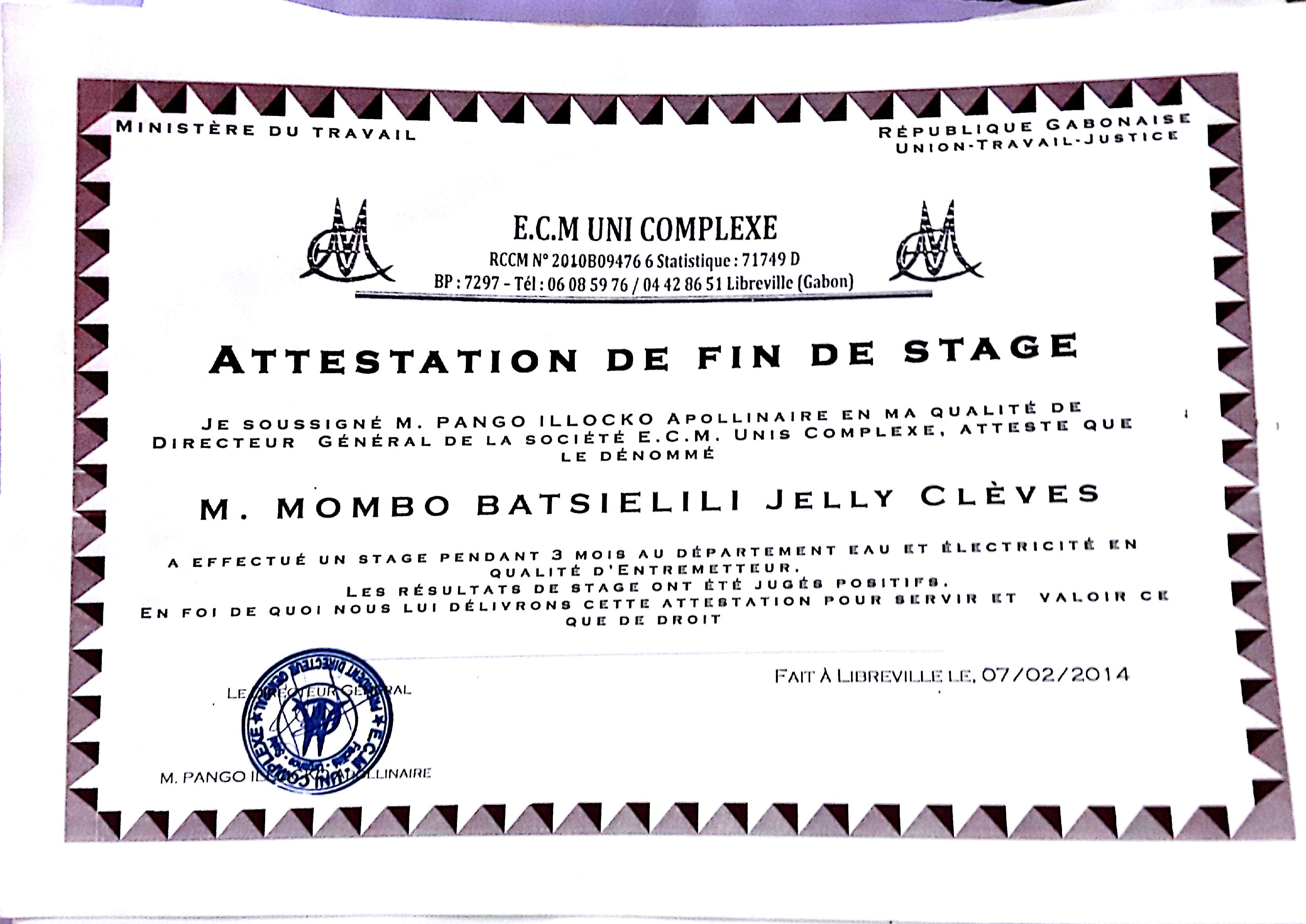 Certificat fin de stage Entremetteur